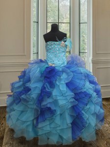 Stunning Sleeveless Organza Floor Length Lace Up Pageant Dress Womens in Blue with Beading and Ruffles