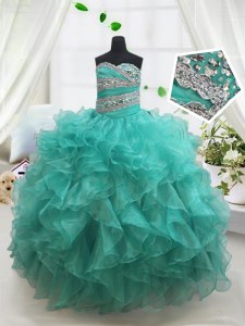 Turquoise Sweetheart Lace Up Beading and Ruffles Little Girls Pageant Gowns Sleeveless