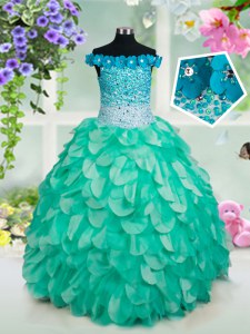Beautiful Organza Off The Shoulder Sleeveless Lace Up Beading and Appliques and Ruffles Evening Gowns in Turquoise