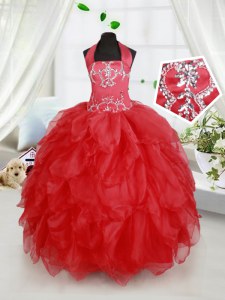 Halter Top Sleeveless Lace Up Kids Formal Wear Red Organza