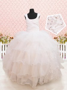 Scoop Beading and Ruffled Layers and Sequins Flower Girl Dress White Lace Up Sleeveless Floor Length