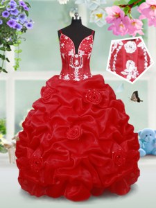 Custom Designed Pick Ups Spaghetti Straps Sleeveless Lace Up Pageant Dress Red Organza