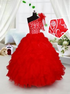 Popular Red Organza Lace Up One Shoulder Sleeveless Floor Length Little Girl Pageant Dress Beading and Ruffles and Hand Made Flower