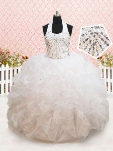 Halter Top Sleeveless Flower Girl Dresses Floor Length Beading and Ruffles White Organza