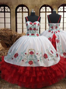 New Arrival Ruffled Ball Gowns Evening Gowns White and Red Spaghetti Straps Organza Sleeveless Floor Length Lace Up