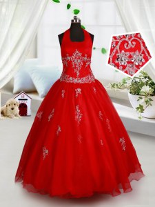 Red Organza Lace Up Halter Top Sleeveless Floor Length Little Girl Pageant Gowns Beading and Appliques