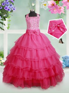 Halter Top Beading and Ruffled Layers and Bowknot Little Girl Pageant Dress Hot Pink Zipper Sleeveless Floor Length