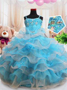 Straps Floor Length Zipper Little Girl Pageant Dress Baby Blue for Quinceanera and Wedding Party with Beading and Appliques and Ruffled Layers