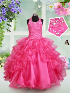 Halter Top Organza Sleeveless Floor Length Little Girl Pageant Gowns and Beading and Ruffled Layers