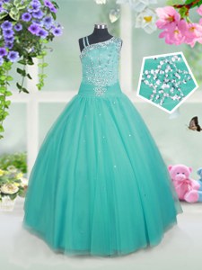 Gorgeous Asymmetric Sleeveless Tulle Pageant Gowns For Girls Beading Zipper
