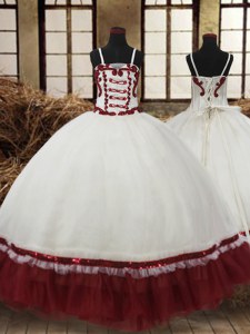 White and Wine Red Satin and Organza Lace Up Straps Sleeveless Floor Length Flower Girl Dresses for Less Beading