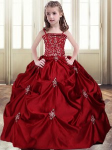 Custom Design Spaghetti Straps Sleeveless Taffeta Little Girls Pageant Dress Beading and Pick Ups Lace Up