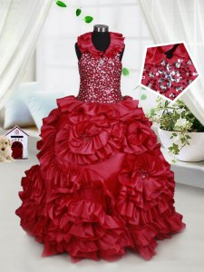 Sequins Floor Length Wine Red Pageant Dress for Womens Halter Top Sleeveless Zipper