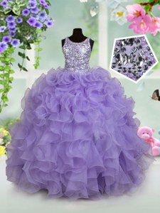Scoop Lavender Zipper Pageant Dress for Womens Beading and Ruffles Sleeveless Floor Length