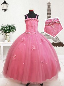 Cute Straps Hot Pink Ball Gowns Beading and Appliques Winning Pageant Gowns Zipper Tulle Sleeveless Floor Length