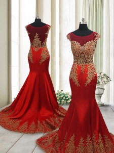 High Quality Mermaid Elastic Woven Satin Scoop Cap Sleeves Sweep Train Side Zipper Appliques Mother of Bride Dresses in Wine Red