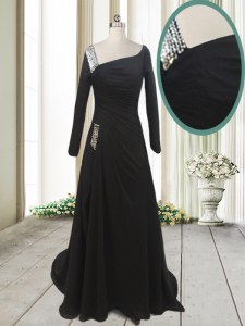 On Sale Black A-line Beading Mother Dresses Side Zipper Chiffon Long Sleeves With Train