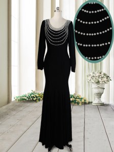 Trendy Scoop Long Sleeves Floor Length Beading Backless Mother of the Bride Dress with Black