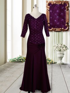 Fashionable Half Sleeves Floor Length Zipper Mother of the Bride Dress Dark Purple for Prom with Beading and Lace and Hand Made Flower