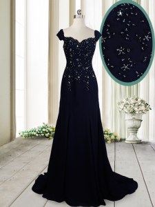 Beauteous Straps Navy Blue Mother of the Bride Dress Chiffon Brush Train Cap Sleeves Beading