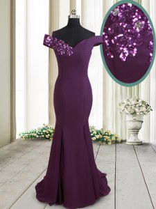 Best Selling Off the Shoulder Dark Purple Mermaid Beading and Sequins Mother of Groom Dress Zipper Chiffon Sleeveless