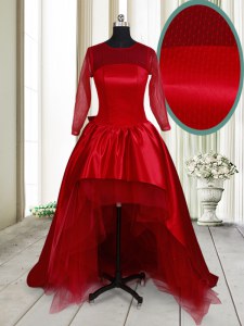 High End Wine Red A-line Taffeta and Tulle Scoop Long Sleeves Bowknot High Low Clasp Handle Mother of Groom Dress