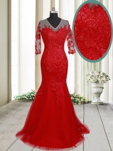 Captivating With Train Mermaid Half Sleeves Red Mother of Groom Dress Brush Train Clasp Handle