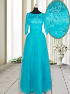 Best Selling Teal Zipper Scoop Beading and Lace and Appliques Mother of Bride Dresses Tulle Half Sleeves