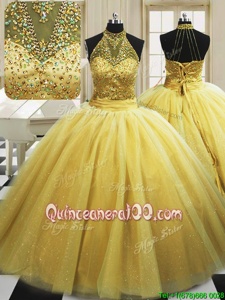 Sexy Yellow Lace Up High-neck Beading Quinceanera Dresses Tulle Sleeveless Sweep Train