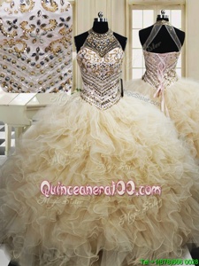 Fantastic Tulle Halter Top Sleeveless Lace Up Beading and Ruffles Quinceanera Gown inChampagne