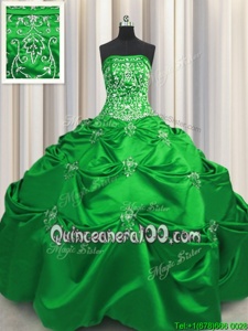 Glorious Embroidery Strapless Sleeveless Lace Up 15 Quinceanera Dress Green Taffeta