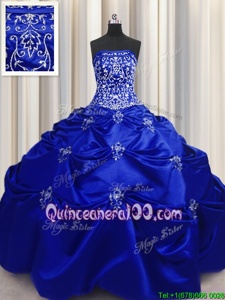 Pretty Royal Blue Taffeta Lace Up Quinceanera Dress Sleeveless Floor Length Beading and Appliques and Embroidery
