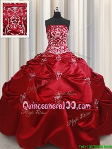 Stylish Taffeta Strapless Sleeveless Lace Up Beading and Appliques and Embroidery Sweet 16 Dress inWine Red