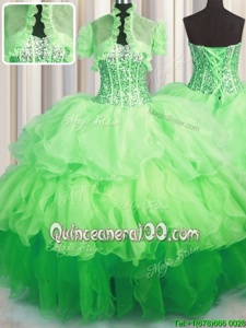 Customized Visible Boning Bling-bling Beading and Ruffled Layers Ball Gown Prom Dress Spring Green Lace Up Sleeveless Asymmetrical