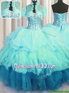 Cheap Visible Boning Bling-bling Floor Length Lace Up Quinceanera Gown Aqua Blue and In forMilitary Ball and Sweet 16 and Quinceanera withBeading and Ruffled Layers