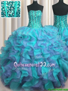 Ideal Visible Boning Beaded Bodice Strapless Sleeveless Lace Up Sweet 16 Dress Multi-color Organza