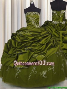 Cheap Embroidery Olive Green Ball Gowns Strapless Sleeveless Taffeta Floor Length Lace Up Beading and Appliques and Pick Ups Sweet 16 Dress