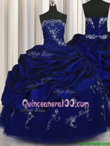 Fancy Royal Blue Strapless Neckline Beading and Embroidery and Pick Ups Sweet 16 Quinceanera Dress Sleeveless Lace Up