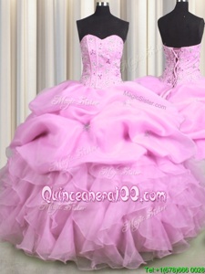 Fashionable Visible Boning Beading and Ruffles and Pick Ups 15 Quinceanera Dress Lilac Lace Up Sleeveless Floor Length