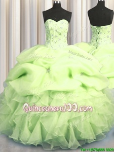 Best Pick Ups Visible Boning Ball Gowns 15th Birthday Dress Yellow Green Sweetheart Organza Sleeveless Floor Length Lace Up