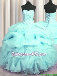 Exquisite Visible Boning Sweetheart Sleeveless Lace Up Quinceanera Gown Aqua Blue Organza