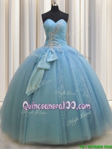Fine Sweetheart Sleeveless Sweet 16 Dress Floor Length Beading and Sequins and Bowknot Baby Blue Tulle