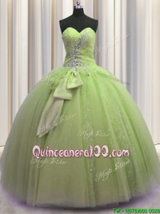 Sequins Bowknot Floor Length Yellow Green Ball Gown Prom Dress Sweetheart Sleeveless Lace Up