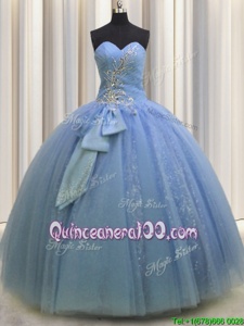 Classical Light Blue Sweetheart Neckline Beading and Sequins and Bowknot Quince Ball Gowns Sleeveless Lace Up