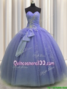 Hot Selling Sleeveless Tulle Floor Length Lace Up Quinceanera Gowns inLavender forSpring and Summer and Fall and Winter withBeading and Sequins and Bowknot