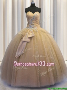 Sophisticated Champagne Ball Gowns Tulle and Sequined Sweetheart Sleeveless Beading and Bowknot Floor Length Lace Up Quinceanera Dress