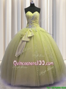 Affordable Sequins Bowknot Floor Length Light Yellow Vestidos de Quinceanera Sweetheart Sleeveless Lace Up