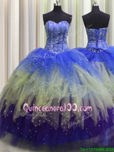 Graceful Visible Boning Multi-color Ball Gowns Tulle Sweetheart Sleeveless Beading and Ruffles and Sequins Floor Length Lace Up Quinceanera Gown