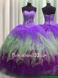 Pretty Visible Boning Multi-color Sweetheart Lace Up Beading and Ruffles and Sequins Sweet 16 Dresses Sleeveless