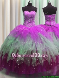 Visible Boning Sleeveless Lace Up Floor Length Beading and Ruffles and Sequins Quinceanera Dresses